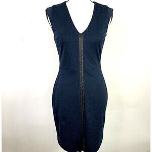 Banana Republic Sleeveless Sheath Dress Women O Navy Faux Leather Front Detail